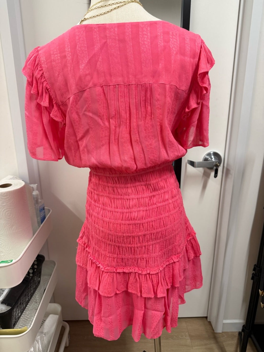 LoveShackFancy Hot Pink V-Neck Ruffled Smocked Waist Tunic - Picture 2 of 2